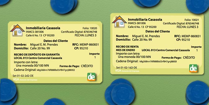 Dos comprobantes, recibos de la Inmobiliaria Casasola, uno por el mes de renta y otro por el dep&oacute;sito.